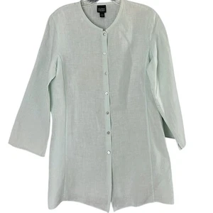 Camisa para mujer Eileen Fisher 100 % lino irlandés cuello mandarín pequeña verde menta  - Imagen 1 de 5