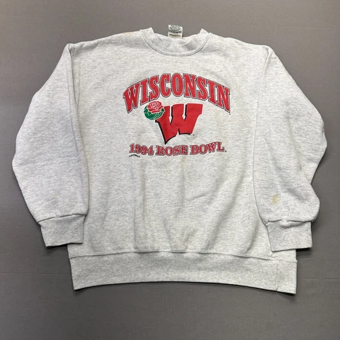 Vintage Wisconsin Badger Crewneck Mens Large Gray Red Sweater Sweatshirt Fleece Cover