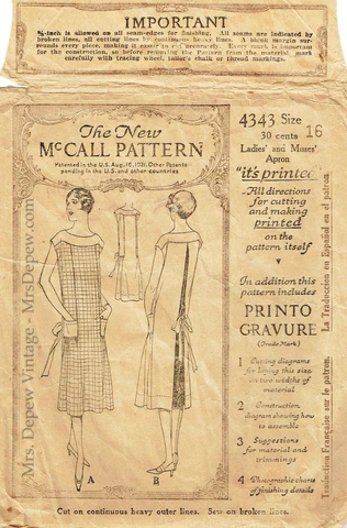 Vintage Sewing Pattern Very Rare 1920s Slip-On Apron McCall 4343 Cover
