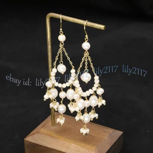 Beauty Natural White Freshwater Baroque Pearl Cluster Dangle Gold Hook Earrings - Picture 1 of 6