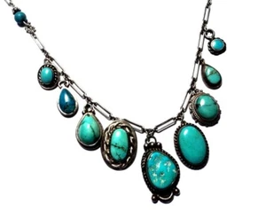 Final SALE!!! Handmade .925 SS Turquoise Charm Dangle Necklace 33.47g 16" long - Picture 1 of 12