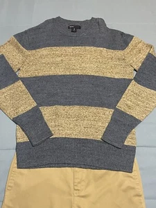Gap Kids Blue Heather and Beige/Tan/Light Brown Stripe Crew Neck Sweater Sz M(8) - Picture 1 of 5