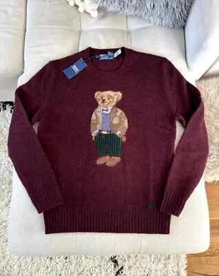 Polo RALPH LAUREN BEAR JUMPER Burgundy PATCHWORK TWEED Wool Cashmere Sweater M - Image 1 of 4