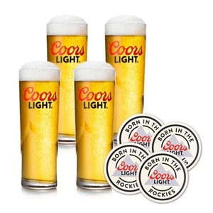 Coors Light Pint Glass x 4 + Coaster x 4 - Tall Silm Shape Embossed Brand New - Picture 1 of 4