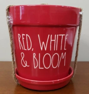 Rae Dunn 7"" x 6,5"" Americana ROT, WEISS & BLÜTE Pflanzgefäß mit Untertasse NEU IM KARTON - Bild 1 von 3