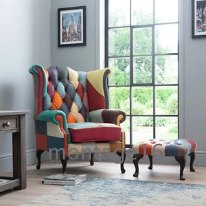 Boheme Patchwork Pastel Leathers Flat Wing Chair Armchair High Back Chesterfield - Picture 1 of 10