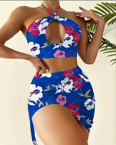 Buffalo Bills 2PCS Halter Cutout Bikini Set Bathing Suit Skirt Swimsuits Cover