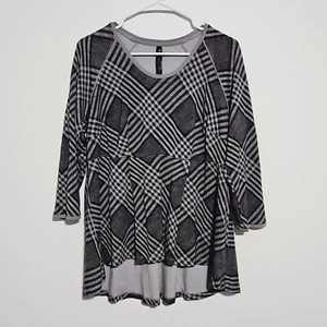 Melissa McCarthy Seven7 Plus Size Top 0X Peplum Blouse Stretch Gray Black Plaid - Picture 1 of 10