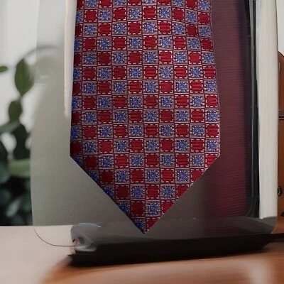 Галстук Daniel De Fasson Studio шелковый жаккардовый синий, красный медальон 59 дюймов x 3 1/2 дюйма - Изображение 1 из 4