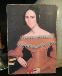 Handmade Primitive Woman Gold Dress w Books Folk Art Print on Canvas Board 5x7"  - Picture 1 of 4