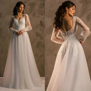 Feierliche Brautkleid Hochzeitskleid A-Linie Langarm Spitze Aufkleber 36 38 40  - Bild 1 von 15