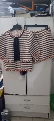 Conjunto de 2 piezas a juego Co Ord Top/Shorts Grande Conjunto Rayas Tweed Flecos Pantalones Foto 1 de 4