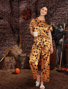 Womens Silk Pajamas Set Print Satin Set Two Piece Sleepwear Loungewear - Picture 1 of 5