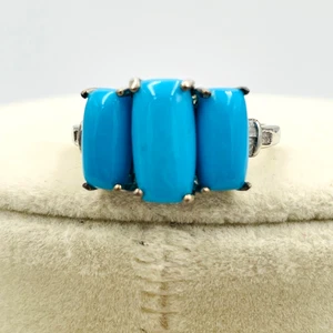 Sleeping Beauty Turquoise and Diamond 3 Stone Ring in Platinum 925 STS Size 10 - Picture 1 of 14