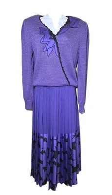 复古 Richtone 纽约贴花亮片紫色针织毛衣裙套装 10 码 — 第 1/4 张图片