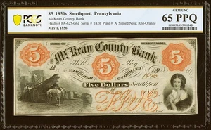 Smethport, PA - McKean County Bank 5 $ 1. Mai 1856 G6a PCGS Juwel Stempelglanz 65 PPQ - SCHÖN - Bild 1 von 2