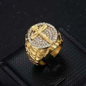 14K Yellow Gold Plated 2 Ct Round Cut Lab Created Diamond Men's Jesus Cross Ring - Picture 1 of 4