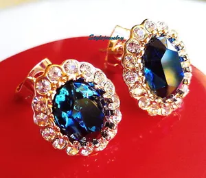 Rose Gold Fill Made with Swarovski Crystal Oval Blue Sapphire Stud Earring IE92 - Picture 1 of 3