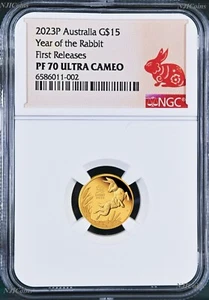 2023 P Australia PROOF GOLD $15 Lunar Year of the Rabbit NGC PF70 1/10oz Coin FR - Picture 1 of 4
