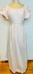 VTG 60'S EMMA DOMB ROMANTIC BRIDGERTON EMPIRE WAIST PINK WHITE BOW MAXI DRESS*XS - Picture 1 of 8
