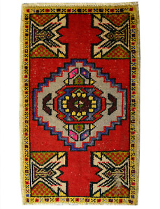 2x3 Vintage Red Handmade Door Mat Oriental Wool Geometric Area Rug Traditional 