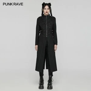 Punk Rave Women Black Gothic Punk Denim Chain Embellished Slim Fit Long Jacket - Picture 1 of 21
