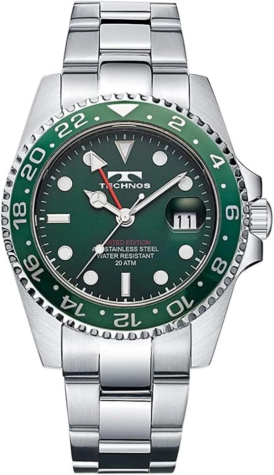 TECHNOS T2444SG GMT Quartz Analog Green Silver