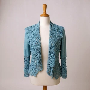 VTG Nine West Cardigan Sz L Blue Ramie Open Front Crochet Bell Sleeve Boho Y2K - Picture 1 of 10