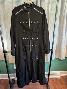 Mens Tripp NYC Jacket Long Black Studs Zipper Goth Large Raver Punk Trench Coat - Picture 1 of 6