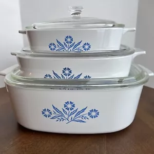 Corning Ware Blue Cornflower Original Set of 3 Casserole Dishes w/ Pyrex Lids - Picture 1 of 14