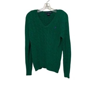 Ralph Lauren Sport Green Cotton V-Neck Cable Knit Sweater Womens Size Large - Picture 1 of 9