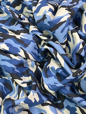 Blue Army Camouflage 100% Cotton Poplin Fabric Soft Material Clothing Quilting - Image 1 of 4