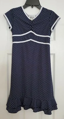 Amy Byer Girls sz 10 Navy w/White Dots Short Sleeve Knit Dress Ruffle hem preown - Image 1 of 4