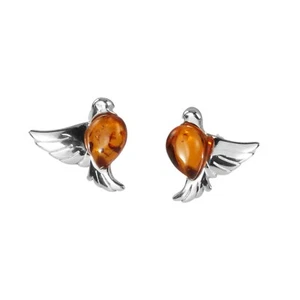 HONEY BALTIC AMBER DOVE OF PEACE STERLING SILVER STUD EARRINGS NEW WITH BOX - Picture 1 of 4