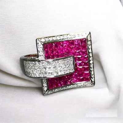 Lab Ruby Invisible Set Statement Ring 925 Fine Silver CZ Luxury Cocktail Jewelry - Image 1 of 4