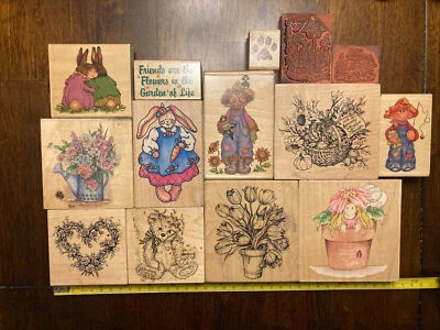 Lote de 14 sellos de goma de madera primavera verano otoño jardín conejito maceta Pascua Foto 1 de 4