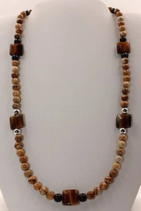 Handmade Tiger Eye, Picture Jasper & Sterling Silver Beaded Necklace 20 Inches - Picture 1 of 4