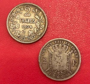 Belgique. Lot de 2 monnaies argent de 2 Francs Léopold II 1868 et 1904. TB-/TB - Foto 1 di 2