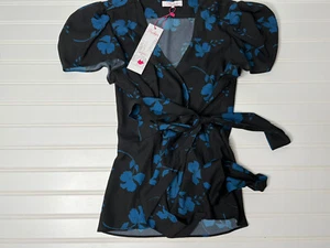 Parker Womens Fulton Stems Floral Print Wrap Top Black Blue Size XS NEW 469 - Picture 1 of 4