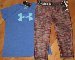 Under Armour blue logo top & patterned capris cropped leggings NWT girls' XL YXL - Picture 1 of 2