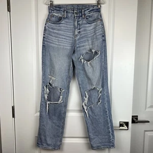 American Eagle Curvy 90s Straight Distressed Destroyed Light Wash Denim Jeans - Picture 1 of 9