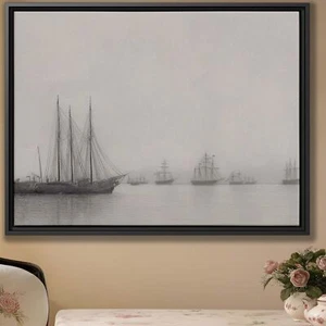 Nautical Canvas Art Vintage Harbor Scene Sailing Ship Wall Decor Framed Print - Picture 1 of 9
