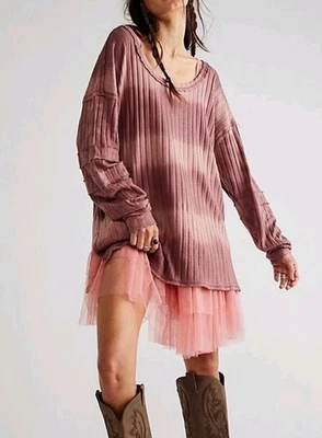 Free People We The Free Sunset Tee Size Large Pink Ombre Stripe Ribbed Knit Top - Image 1 of 4