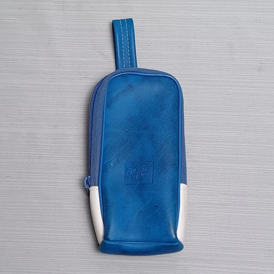 Estuche para gafas Ray Bay vintage bolsa vinilo azul y blanco forrado de felpa cremallera hecho en EE. UU. Foto 1 de 4