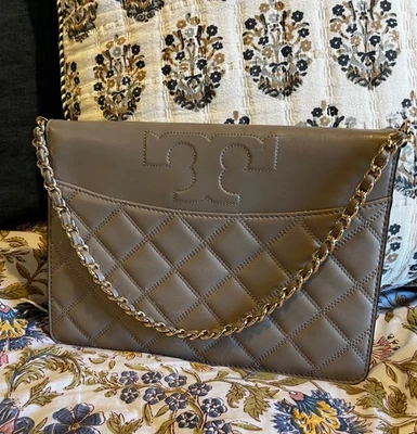Authentic Tory Burch Savannah Large Quilted Smooth Flat Clutch Bag Taupe - Image 1 of 4