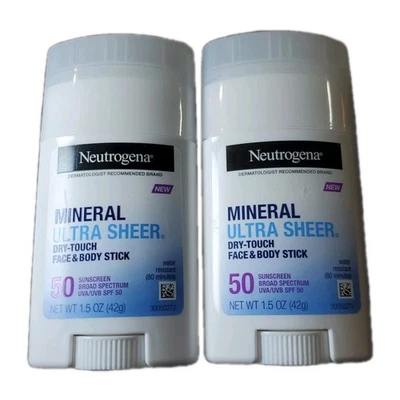 (2) Neutrogena Mineral Ultra Sheer Dry Touch Face & Body Sticks FPS 50 1,5 oz ea Foto 1 de 2