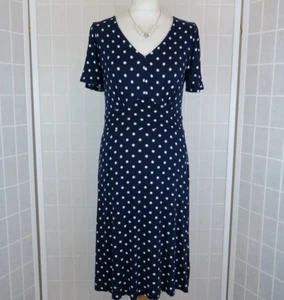 Roman Petite Dress Size 10 Navy White Polka Dot Short Sleeves Jersey Stretch - Picture 1 of 13