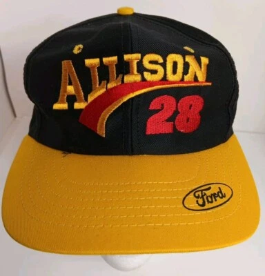 Vtg Davey Allison Snapback Cap Nascar Ford 28 Racing Black Yellow Stitched Hat - Image 1 of 4
