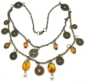 Asian Coin Faux Amber Pearl Brass Plated Long Dangle Double Strand Necklace - Picture 1 of 4