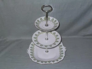 Aynsley Bone China 3-Tier Hostess Cake Plate Stand Green Flowers B1837 - Picture 1 of 4